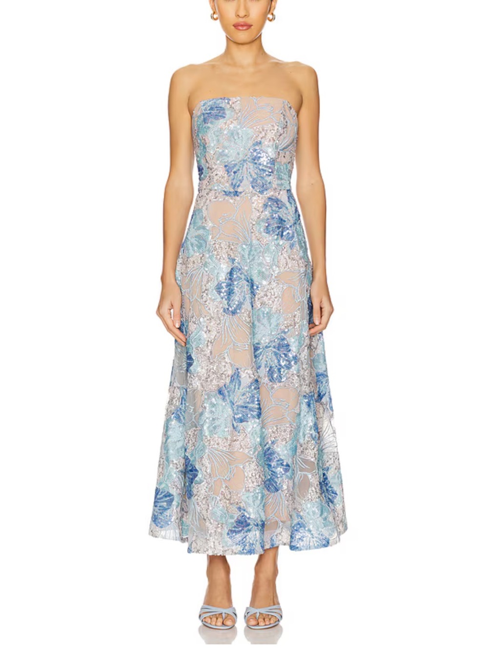 Elliatt Leonie Cocktail Midi Dress sequin Blue Strapless Floral Revolve $628 S